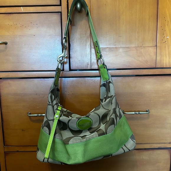 Coach Signature C Green Stripe Hobo Handbag Leather Purse - Picture 1 of 11